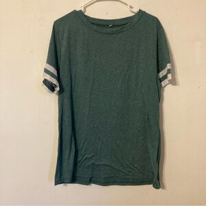 Green short sleeve t shirt with white stripes on the sleeves size L